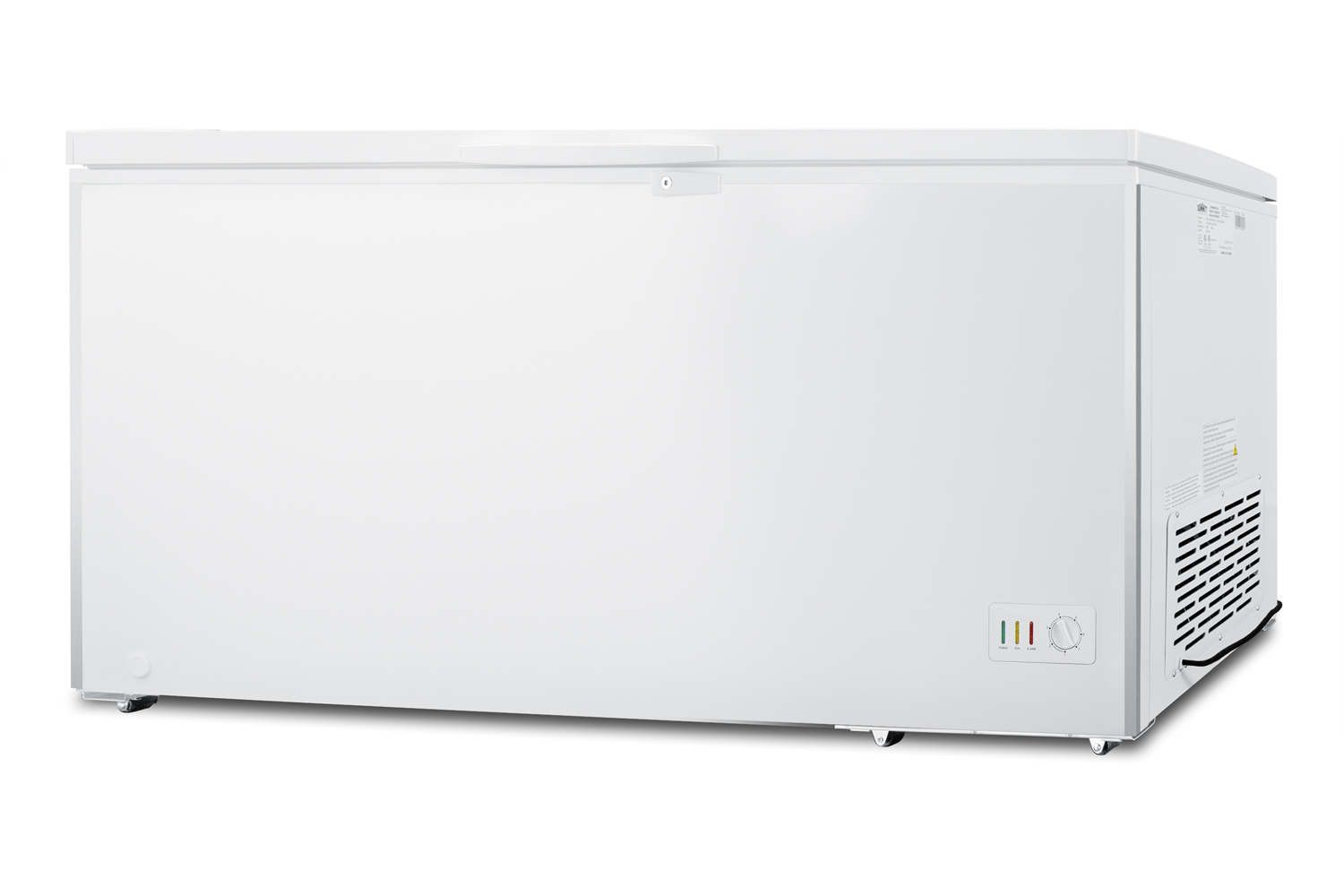 Commercially listed 17.2 cu.ft. manual defrost chest freezer in white with stainless steel corner guards and lock